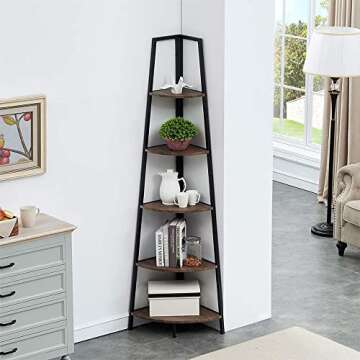 O&K FURNITURE 5-Shelf Corner Etagere Bookcase for Small Space, Industrial Tall Corner Bookshelf, Gra...
