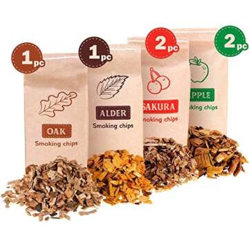 Zorestar Smoker Chips Variety Pack - 6pcs Wood Chips for Smoker - Apple, Cherry, Alder, Oak, Maple, Peach Wood Chips for BBQ Grilling - 100% Pure Smoker Chips for Meat, Fish, Vegetables (0.6 Lb Each)