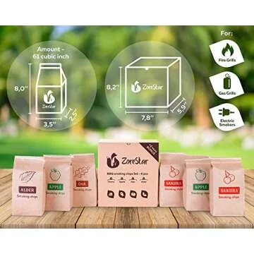 Zorestar Smoker Chips Variety Pack - 6pcs Wood Chips for Smoker - Apple, Cherry, Alder, Oak, Maple, Peach Wood Chips for BBQ Grilling - 100% Pure Smoker Chips for Meat, Fish, Vegetables (0.6 Lb Each)
