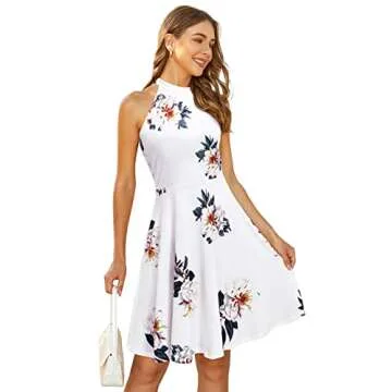 OUGES Women's Summer Dresses Floral Halter Neck Casual Sundress Graduation Derby Dress 2023(Floral-21,L)