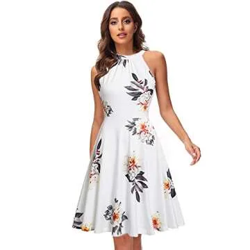 OUGES Women's Summer Dresses Floral Halter Neck Casual Sundress Graduation Derby Dress 2023(Floral-21,L)