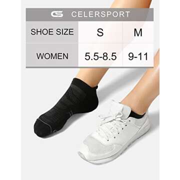 CS CELERSPORT 6 Pack Women's Ankle Running Socks Cushioned Low Cut Tab Athletic Socks, Black, Small