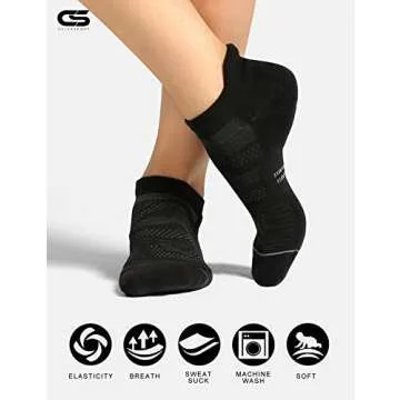CS CELERSPORT 6 Pack Women's Ankle Running Socks Cushioned Low Cut Tab Athletic Socks, Black, Small