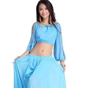 ZLTdream Lady's Belly Dance Long Sleeves Chiffon Top Blue