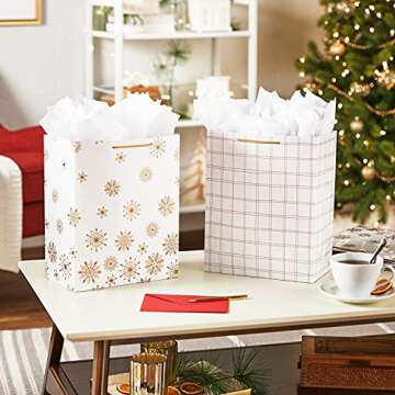 Hallmark 13" Christmas Gift Bags (4 Large White Bags: Gold Snowflakes, Gold Plaid) for Holiday Parti...
