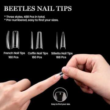 Beetles Acrylic Nails Kit 488 Pcs 3 Styles Clear Coffin Ballerina Stiletto Nail Tips Gel Tips Set False Nails Extension Gel Nail Art Gift for Women