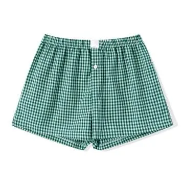 Women Pajamas Shorts Micro Boxer Shorts Y2K Cute Gingham Sleep Lounge Shorts Checkered Plaid Button Pj Mini Shorts (Green, M)
