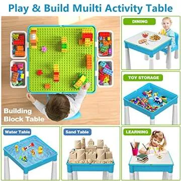 burgkidz 5-in-1 Multi Activity Play Table Set with Storage Includes 1 Chair and 128 Pieces Compatible Large Bricks Building Blocks for Kids Ages 2 and Up, Blue