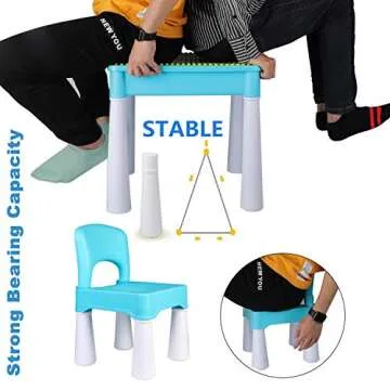 burgkidz 5-in-1 Multi Activity Play Table Set with Storage Includes 1 Chair and 128 Pieces Compatible Large Bricks Building Blocks for Kids Ages 2 and Up, Blue