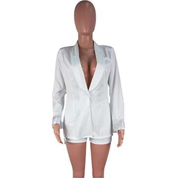 Womens Sexy 2 Pieces Back Slit Tassel Blazer Jackets Bodycon Shorts Party Casual Elegant Business Suit Outfits Set(Tassel White,S)