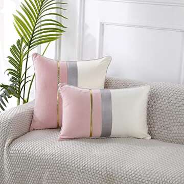 PANOD Patchwork Pink Silk-Like Velvet Throw Pillow Cover with Gold Striped Leather Cushion Case Mode...