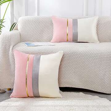 PANOD Patchwork Pink Silk-Like Velvet Throw Pillow Cover with Gold Striped Leather Cushion Case Modern Luxury Square Pillowcase for Sofa Couch Bedroom Living Room Home,24x24 inch