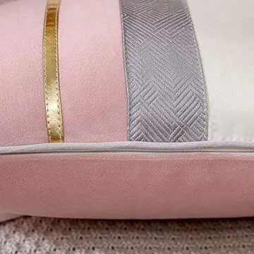 PANOD Patchwork Pink Silk-Like Velvet Throw Pillow Cover with Gold Striped Leather Cushion Case Modern Luxury Square Pillowcase for Sofa Couch Bedroom Living Room Home,24x24 inch