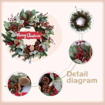 idyllic 24" Artificial Christmas Decoration Wreaths for Front Door with Lamb's Leaves Berries Pine C...