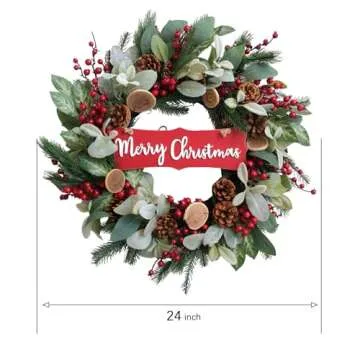 idyllic 24" Artificial Christmas Decoration Wreaths for Front Door with Lamb's Leaves Berries Pine Cones Winter Spring Wreath for Indoor Outdoor Home Wall Window Porch Decor