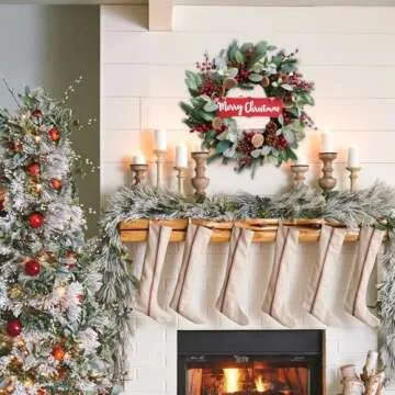 idyllic 24" Artificial Christmas Decoration Wreaths for Front Door with Lamb's Leaves Berries Pine Cones Winter Spring Wreath for Indoor Outdoor Home Wall Window Porch Decor