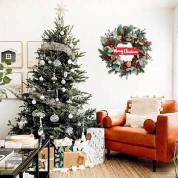 idyllic 24" Artificial Christmas Decoration Wreaths for Front Door with Lamb's Leaves Berries Pine Cones Winter Spring Wreath for Indoor Outdoor Home Wall Window Porch Decor