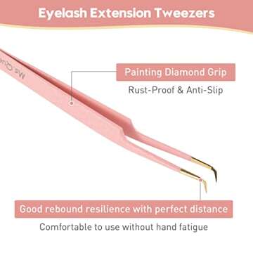 Ms.Queen Lash Extension Tweezers,Diamond Grip 90 Degree False Lashes Tweezers 3D 6D Mink Eyelash Make Fans