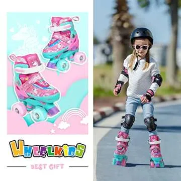 Wheelkids Roller Skates for Toddler Girls Baby Kids Ages 2-3, Pink Unicorn Adjustable Rollerskates Toddlers Beginners 4 Sizes with Light Up Wheels