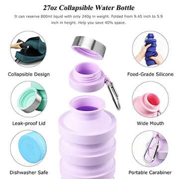 Nefeeko Collapsible Foldable Water Bottle, 27oz Reuseable BPA Free Silicone Portable Leak Proof Sports Water Bottle with Carabiner for Travel Gym Camping Hiking