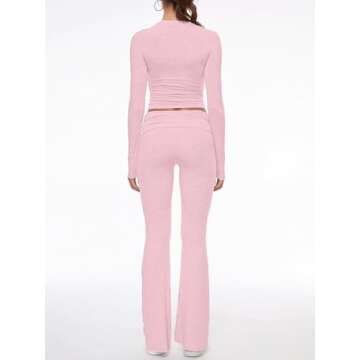 AnotherChill Women's 2 Piece Lounge Sets Fold-over Flare Pants Set Long Sleeve Cropped Top Casual Outfits Pajamas (Pink, Small)