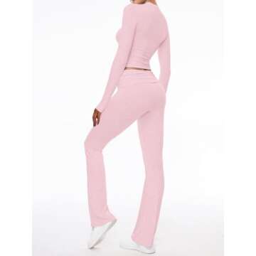 AnotherChill Women's 2 Piece Lounge Sets Fold-over Flare Pants Set Long Sleeve Cropped Top Casual Outfits Pajamas (Pink, Small)