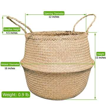 Natural Craft Extra Large Size(16x16x15 inches) Seagrass Belly Basket for Storage, Laundry, Picnic a...