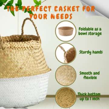 Natural Craft Extra Large Size(16x16x15 inches) Seagrass Belly Basket for Storage, Laundry, Picnic and Woven Straw Beach Bag - Plant Pots Cover Indoor Decorative