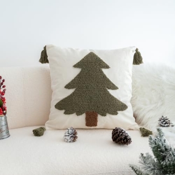 VANNCIO Green Tufted Christmas Tree Throw Pillow Cover, New Year Farmhouse Pillowcase with Tassels, ...