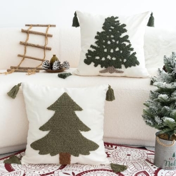 VANNCIO Green Tufted Christmas Tree Pillow Cover 18x18