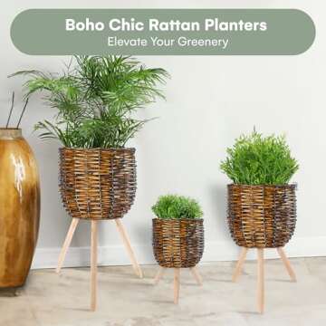 Hallops Rattan Planter Basket, Set of 3 - Tallest Stand Measures 26.7"x11" - Handwoven Plant Basket ...