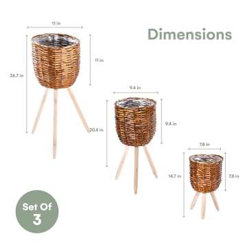 Hallops Rattan Planter Basket, Set of 3 - Tallest Stand Measures 26.7"x11" - Handwoven Plant Basket for Indoor Plants - Durable and Elegant Wood Material for Boho-Inspired Home Décor - Brown