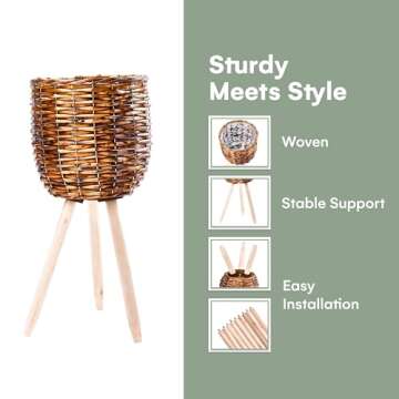Hallops Rattan Planter Basket, Set of 3 - Tallest Stand Measures 26.7"x11" - Handwoven Plant Basket for Indoor Plants - Durable and Elegant Wood Material for Boho-Inspired Home Décor - Brown