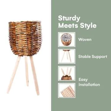 Hallops Rattan Planter Basket, Set of 3 - Tallest Stand Measures 26.7"x11" - Handwoven Plant Basket for Indoor Plants - Durable and Elegant Wood Material for Boho-Inspired Home Décor - Brown