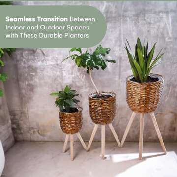 Hallops Rattan Planter Basket, Set of 3 - Tallest Stand Measures 26.7"x11" - Handwoven Plant Basket for Indoor Plants - Durable and Elegant Wood Material for Boho-Inspired Home Décor - Brown