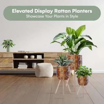 Hallops Rattan Planter Basket, Set of 3 - Tallest Stand Measures 26.7"x11" - Handwoven Plant Basket for Indoor Plants - Durable and Elegant Wood Material for Boho-Inspired Home Décor - Brown