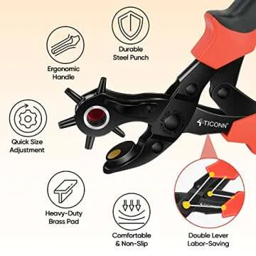 TICONN Leather Hole Punch Tool & Grommet Set, Heavy Duty Multi-Size Hole Puncher Tool for Belts, Wat...