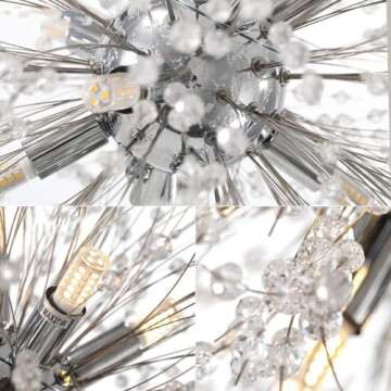 Vikaey Modern Dandelion Firework Chandelier, Chrome Dining Room Chandelier, Crystal Hanging Pendant Lighting Fixture for Living Room, Bathroom, Bedroom, Entryway, 12-Light