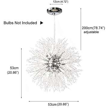 Vikaey Modern Dandelion Firework Chandelier, Chrome Dining Room Chandelier, Crystal Hanging Pendant Lighting Fixture for Living Room, Bathroom, Bedroom, Entryway, 12-Light