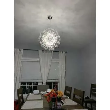 Vikaey Modern Dandelion Firework Chandelier, Chrome Dining Room Chandelier, Crystal Hanging Pendant Lighting Fixture for Living Room, Bathroom, Bedroom, Entryway, 12-Light