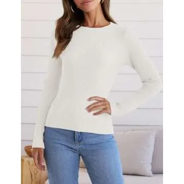 ZESICA Women's Long Sleeve Crewneck Shirts Spring Knit Sweater Slim Fitted Casual Basic Tee Tops,White,Small