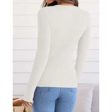 ZESICA Women's Long Sleeve Crewneck Shirts Spring Knit Sweater Slim Fitted Casual Basic Tee Tops,White,Small