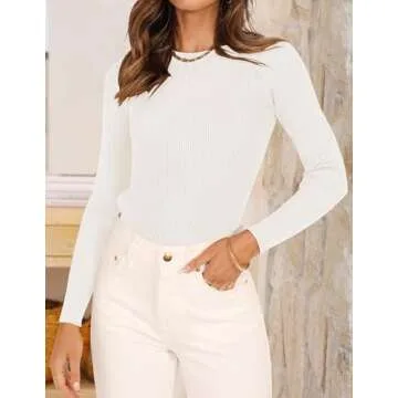 ZESICA Women's Long Sleeve Crewneck Shirts Spring Knit Sweater Slim Fitted Casual Basic Tee Tops,White,Small
