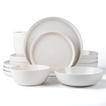 ARORA SKUGGA Round Stoneware 16pc Double Bowl Dinnerware Set for 4, Dinner and Side Plates, Cereal a...
