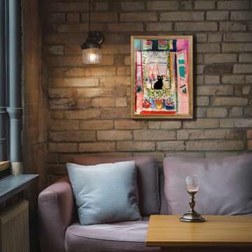 Artistry Canvas Art Henri Matisse Cat Wall Art - Wood Framed Funny Black Cat Poster, Famous Fauvism Canvas Wall Decor, The Open Window Oil Paintings Prints For Bedroom Living Room 12" x 16"