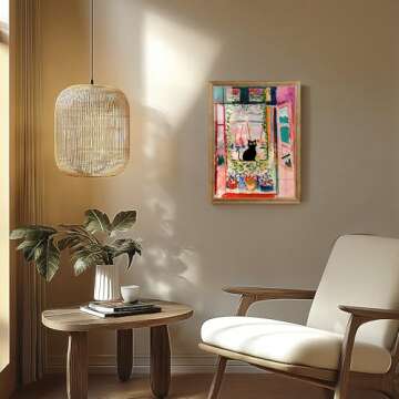Artistry Canvas Art Henri Matisse Cat Wall Art - Wood Framed Funny Black Cat Poster, Famous Fauvism Canvas Wall Decor, The Open Window Oil Paintings Prints For Bedroom Living Room 12" x 16"