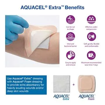 ConvaTec AQUACEL Extra 2"x2" Hydrofiber Absorbant Dressing for Moderate to Highly Exuding Wounds, Non-Woven Two-Dimensional Strengthening Fibers, Square, 10ct Box