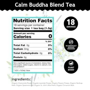 Buddha Teas - Calm Buddha Blend - Organic Herbal Tea - For Health & Wellbeing - Blend of Organic Herbs - Clean Ingredients - Caffeine Free - OU Kosher & Organic - Non-GMO - 18 Bleach-Free Tea Bags