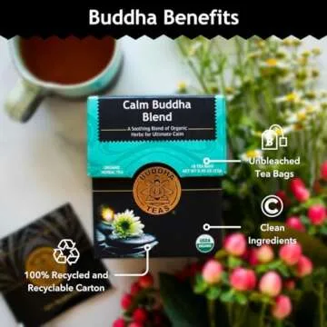 Buddha Teas - Calm Buddha Blend - Organic Herbal Tea - For Health & Wellbeing - Blend of Organic Herbs - Clean Ingredients - Caffeine Free - OU Kosher & Organic - Non-GMO - 18 Bleach-Free Tea Bags