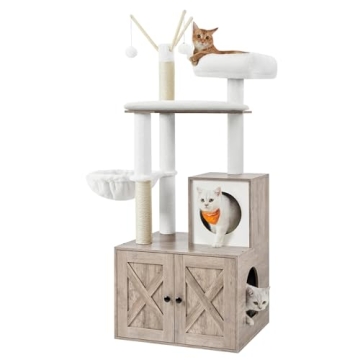 Feandrea Cat Tree with Litter Box Enclosure, 2-in-1 Modern Cat Tower, 55.1-Inch Cat Condo with Scrat...